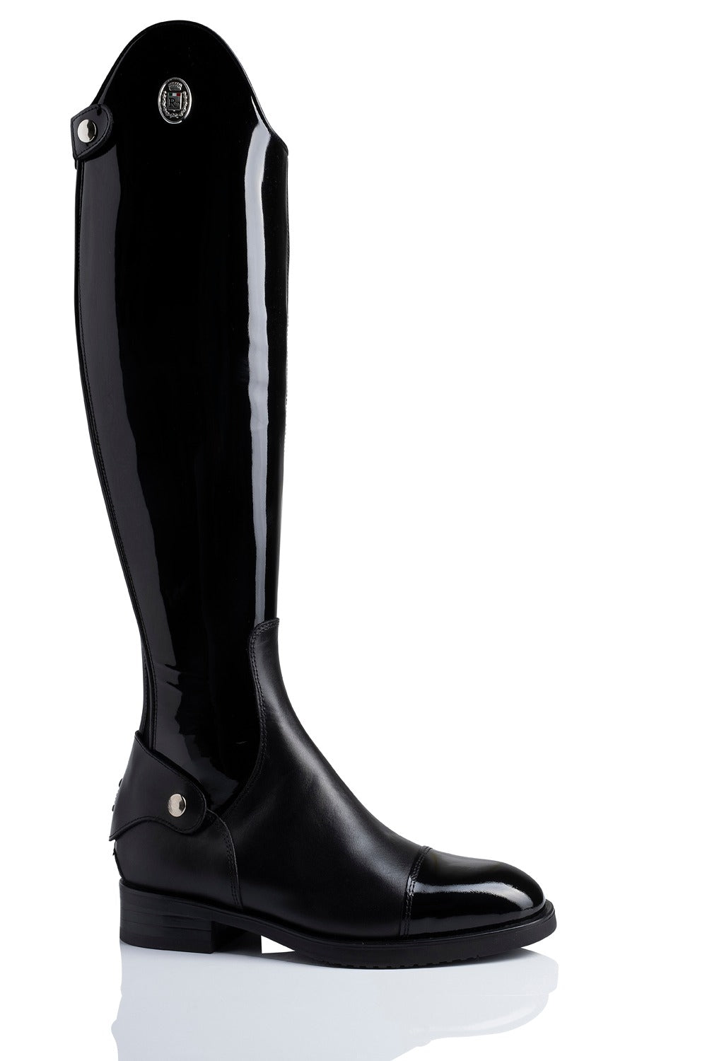 R 0570 "basic dressage" klassieke, kalfslederen laars zonder veters met lak aan de beenzijde en aan de tip