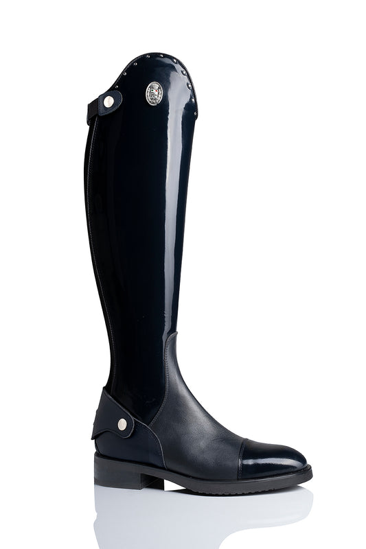 R 0570 Strass "basic dressage" klassieke, kalfslederen laars zonder veters met diamantjes, lak aan de beenzijde en aan de tip