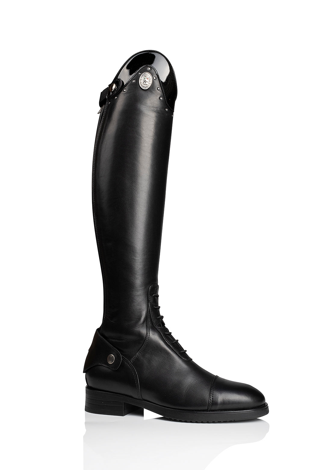 R 1500/2 en R 0500/2 Klassieke, professionele, kalfslederen laars met een lakrandje en diamantjes.