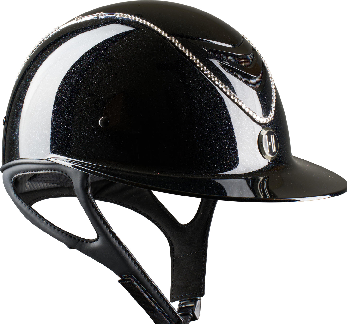 One K Mips Avancé Lux helm glossy zwart met een zilveren swarovski lijn