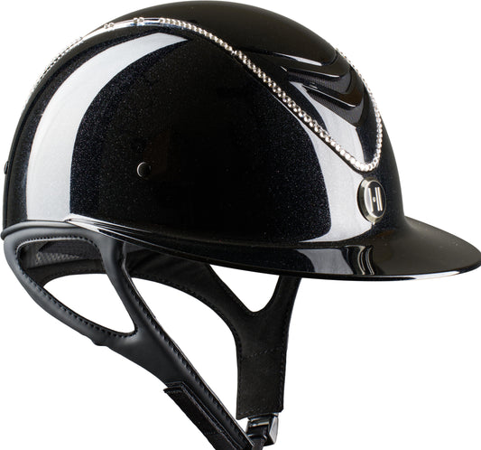 One K Mips Avancé Lux helm glossy zwart met een zilveren swarovski lijn